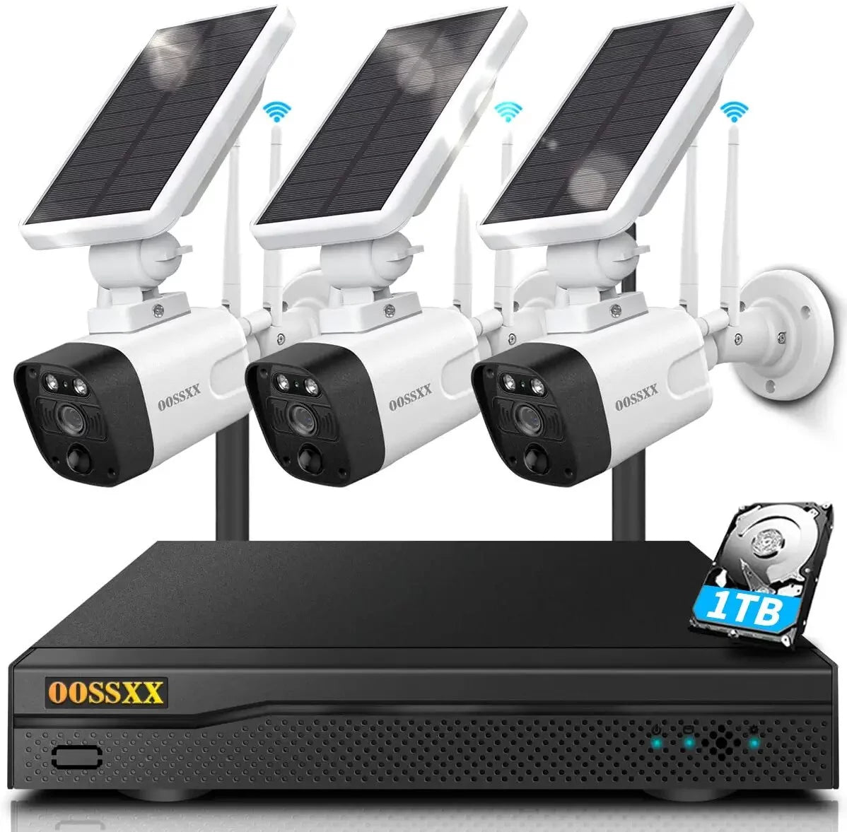 System}, NVR, Camera OOSSXX Wireless 2TB 8-channel {100% 6pcs Solar system, with Wire-free Security Hard 2K Drive pre-installed Surveillance solar by Home 3.0MP cameras