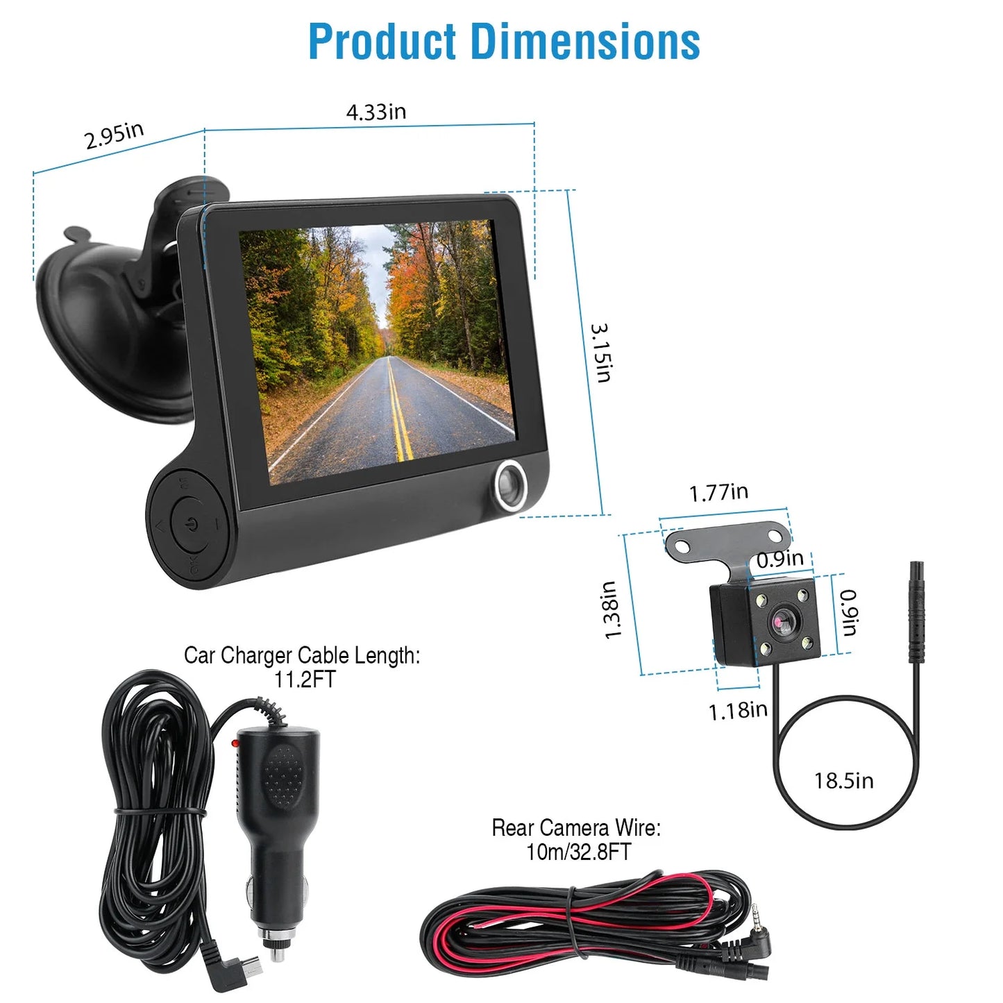 3 32.8ft 4in DVR Recorder, Driving Black FHD Rear Recording Touch with Dash Camera 1080P Loop Car Vehicle Car Wire, Lens Seamless Screen Recorder Camera iMounTEK