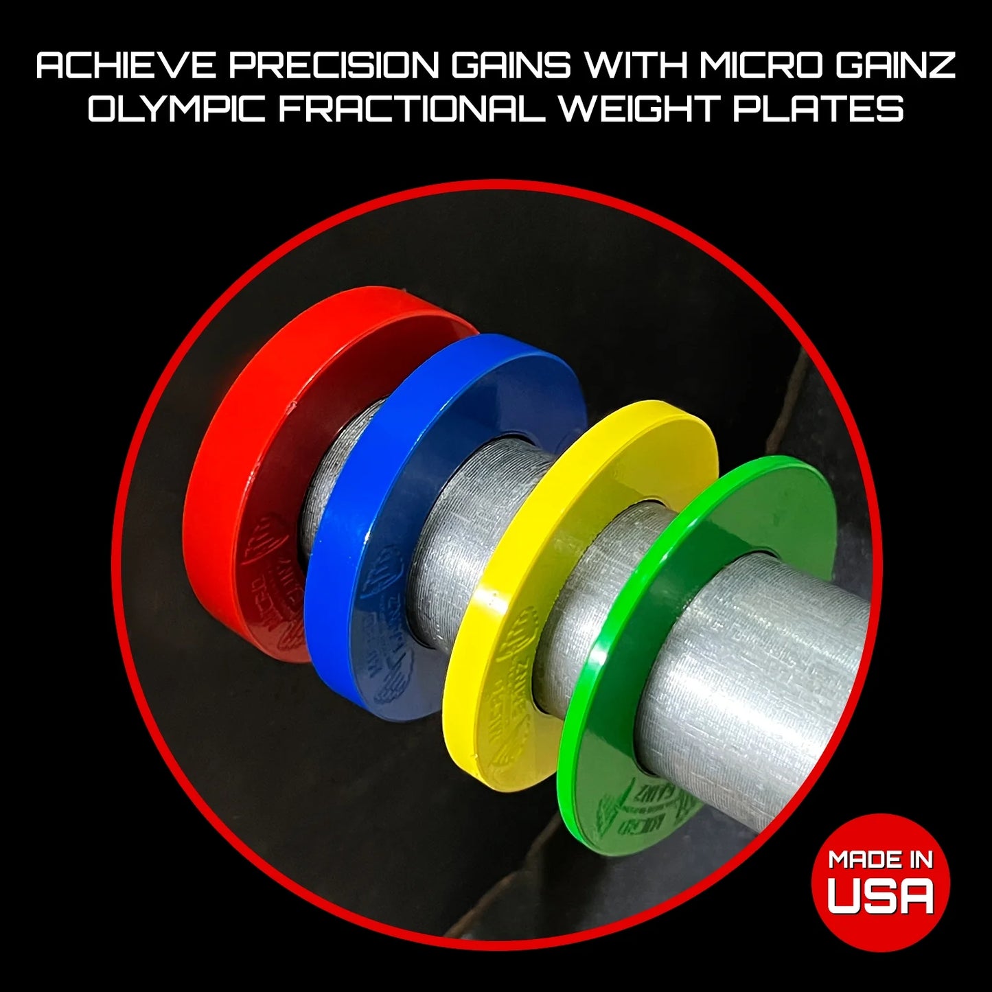 Weight Plate Micro w/ (8 Bag- For Made Set of Plates Gainz Olympic Plate .25LB-.50LB-.75LB-1LB Barbells, in USA Multi-Color Fractional Calibrated Set)