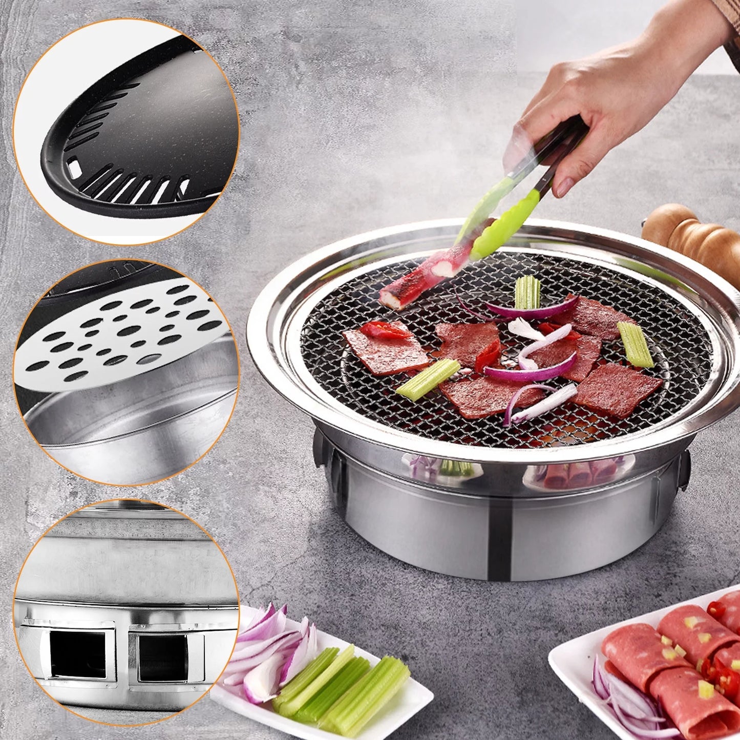 Round for Indoor Portable Picnic Grill Charcoal Grill, Stove Camping Carbon Household Outdoor, Grill and BBQ Grill, Grill Non-stick Smoker Korean Barbecue