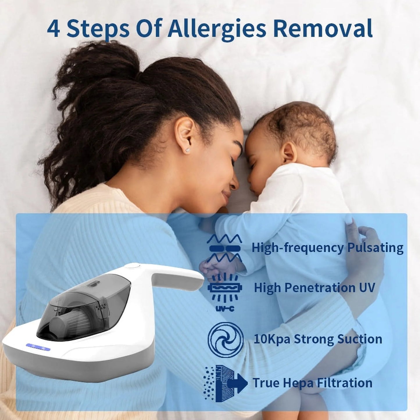 Cleaner remove with Pulsating Sanitizer Allergen Vacuum Allergens/Bacteria/Mite Kills Handheld Pad&True UV Large HEPA Hair/Dust