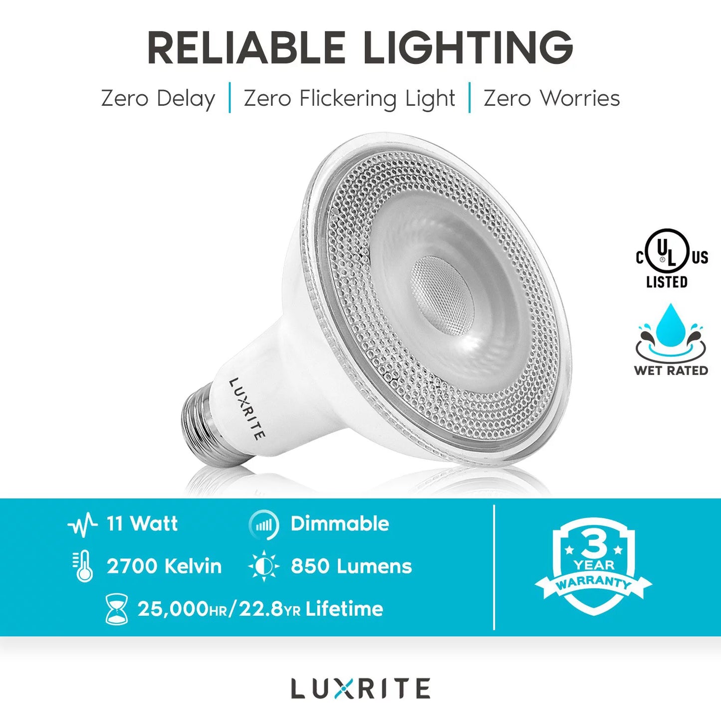 LED Luxrite Base Listed E26 Light PAR30 Warm 12-Pack 2700K Rated 850 11W Bulb Wet Lumens White Flood Dimmable UL