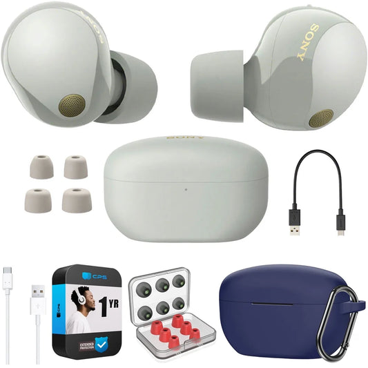 Canceling Bundle YR Industry to Pack Noise Enhanced Leading Cable with Ear 1 Memory WF-1000XM5 Silicone Wireless Case CPS Tips, & USB-C Truly Earbuds (Blue), USB-A Foam (Silver) Protection Sony