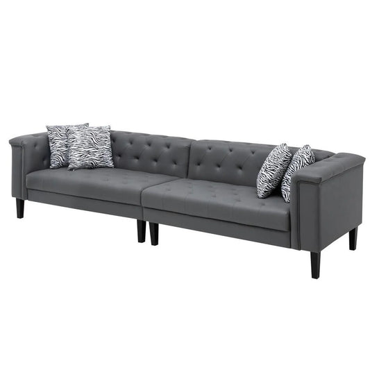 Deep Faux Seater 120 Inch Benjara Vegan Sofa, Ella Leather Gray Button Tufted, 4