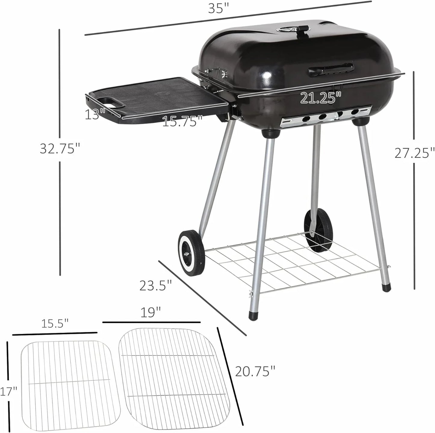 Lid Bottom BBQ Wheels with Shelf, Adjustable Side and on Foldable Charcoal Shelf Black Smoker Picnic Backyard Vents with Portable Grill Camping and for Cooking,