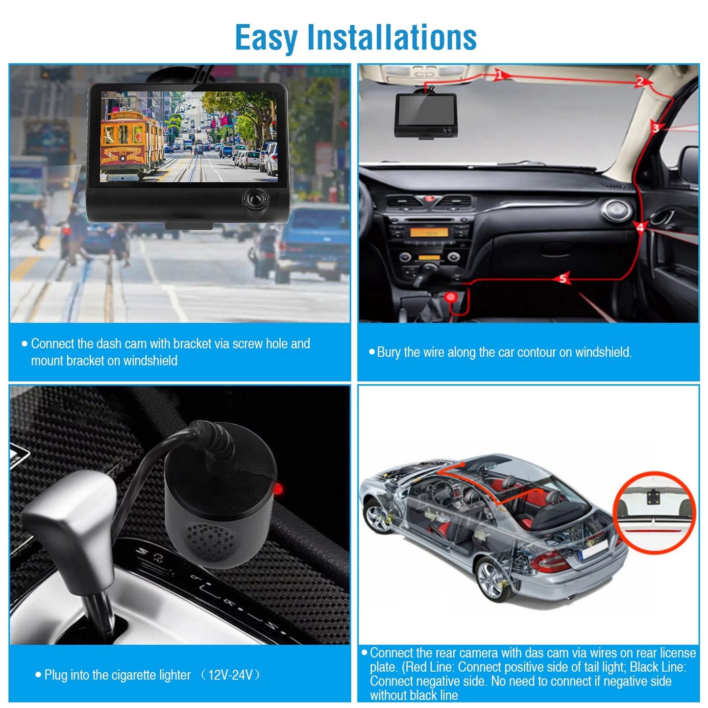 3 32.8ft 4in DVR Recorder, Driving Black FHD Rear Recording Touch with Dash Camera 1080P Loop Car Vehicle Car Wire, Lens Seamless Screen Recorder Camera iMounTEK