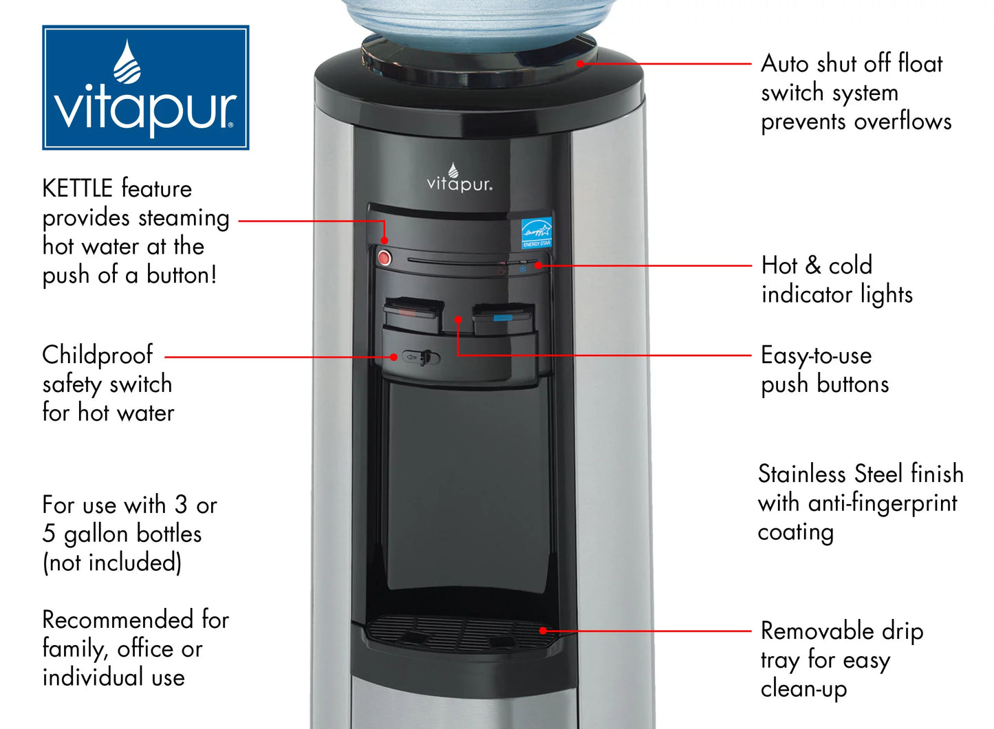 and Water Stainless (Hot, Cold) Vitapur Top Load Room Steel Dispenser