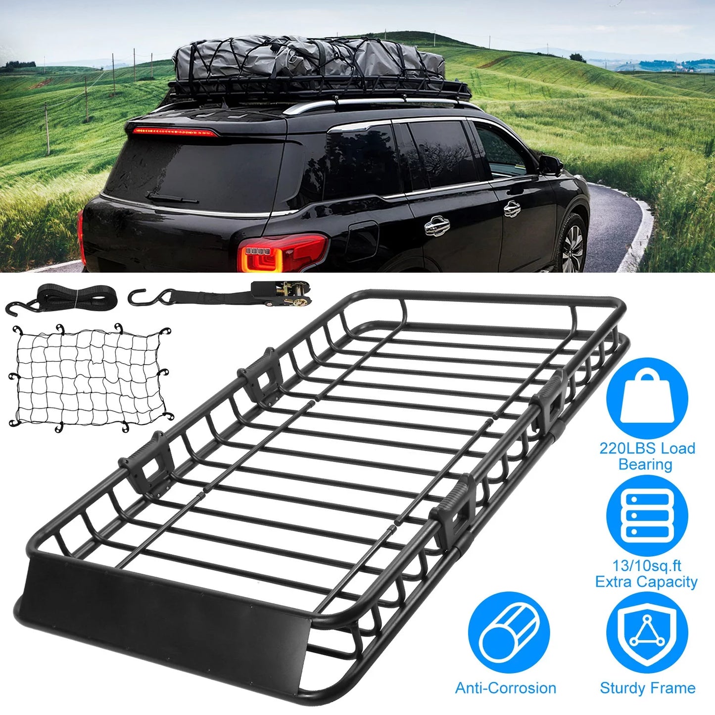 Roof iMounTEK Elastic with Rack 220lbs Capacity Heavy Universal Top Basket Luggage Black Car Hook Cargo Holder Duty Cargo Rack Carrier Strap Net 63x39x6.3in,