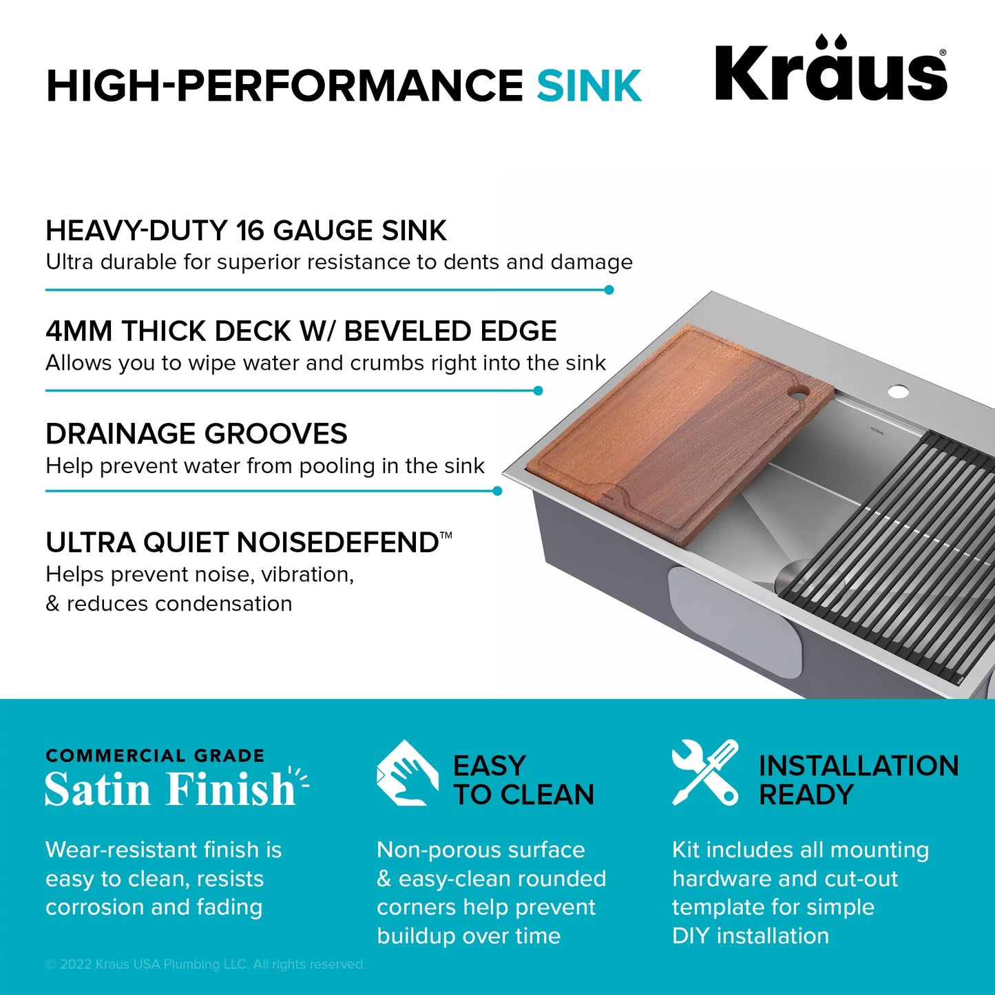 with Undermount Sink Accessories Single Drop-In / Stainless Gauge Bowl Steel in. Kore Kitchen Workstation16 33 Kraus