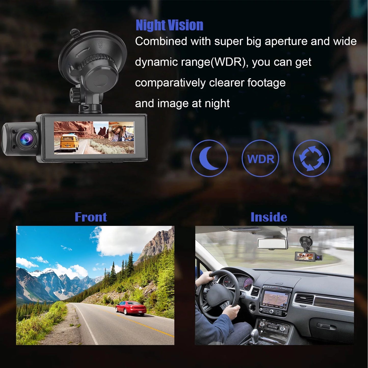 170° for Front 3.16inch Angle WDR 1080P Inside Camera Vision, Dual Loop Monitor, Recording, Screen, Wide Camera TSV Cam, with Recorder G-Sensor, Dash Cars, Driving Night Parking