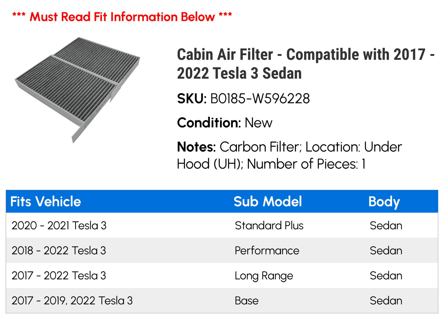 - 2021 Filter Air 2022 2019 Cabin 2020 Sedan with - Compatible 3 Tesla 2018 2017