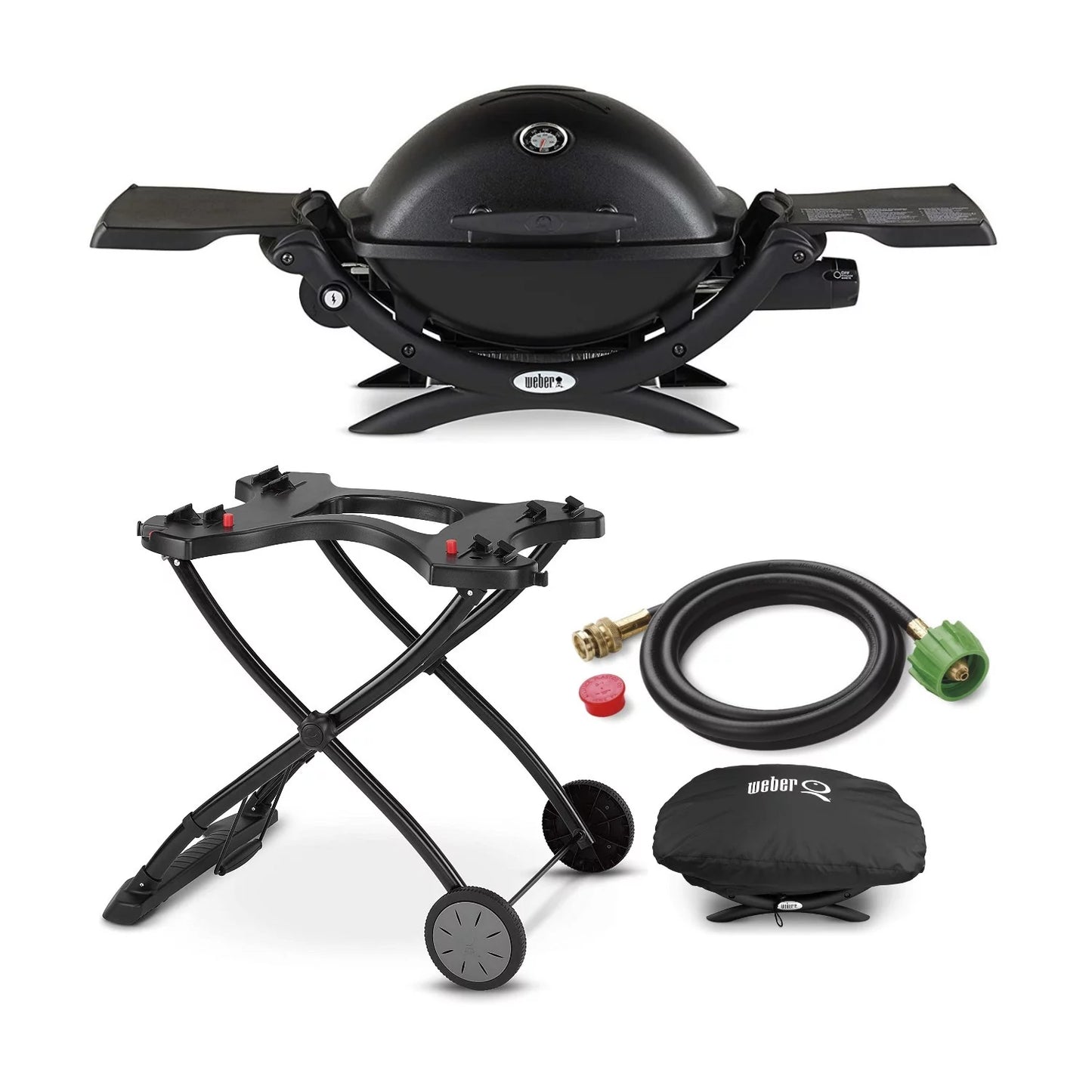 Adapter Q1200 Propane Grill Portable Liquid (Black) with Cart, Weber Bundle Hose