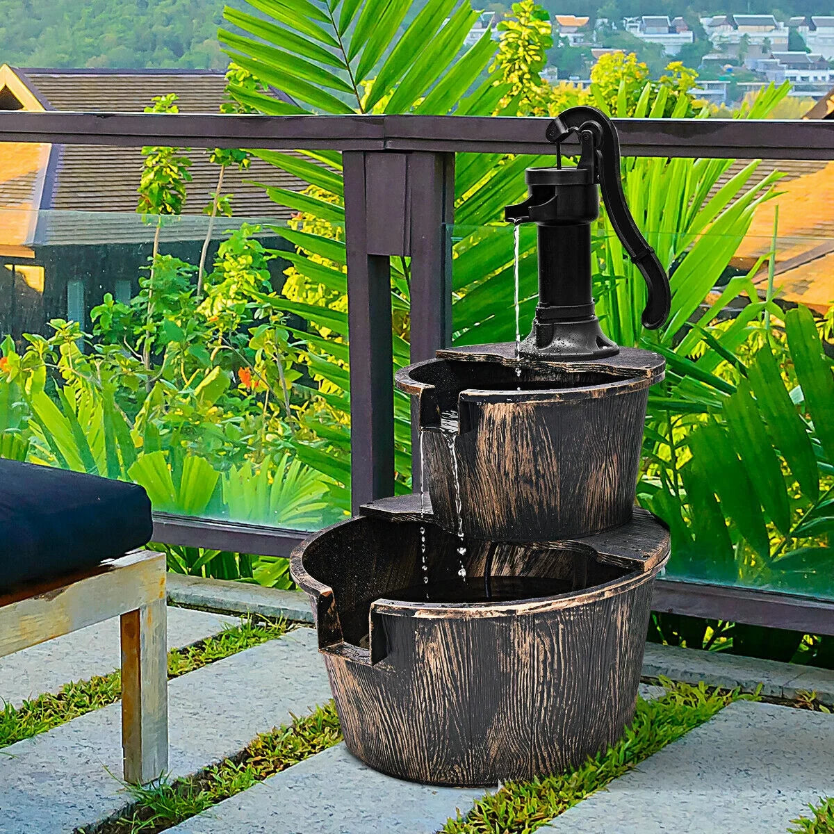 Waterfall Outdoor Barrel Water with Barrel Pump | 2-Tier Garden Fountain Fountain