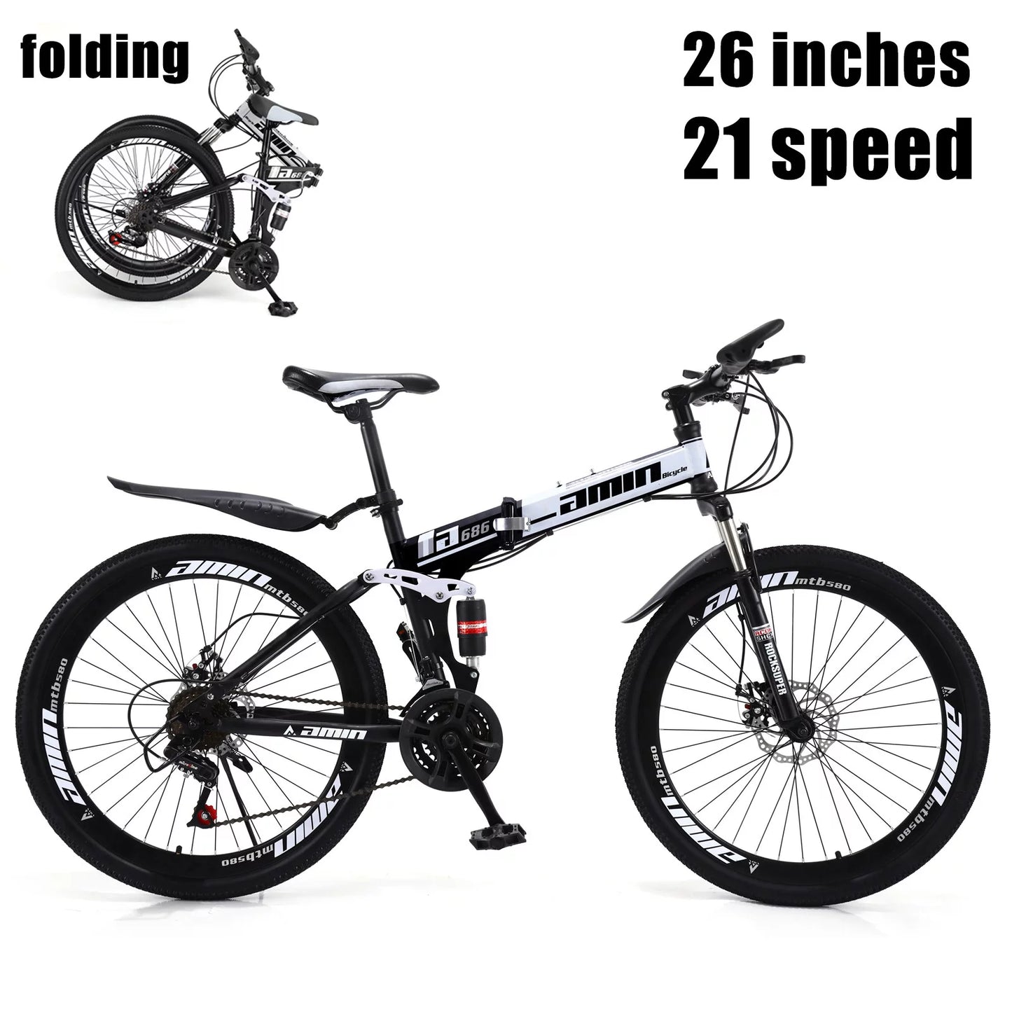 Suspension MTB Folding Mountain 26" Bicycle Bicycle Bike Foldable Adult Speed 26" 21 Unisex Suspension Bike Mountain Full Unisex 21 Folding Speed MTB Full