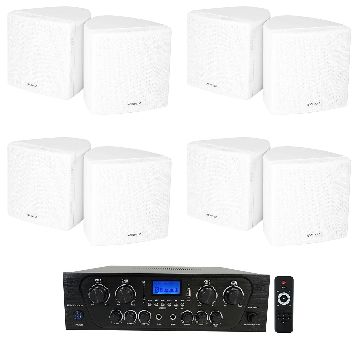 Cube White Home Kit Receiver+(8) Audio Speakers Rockville Wall RPA40BT 4-Room