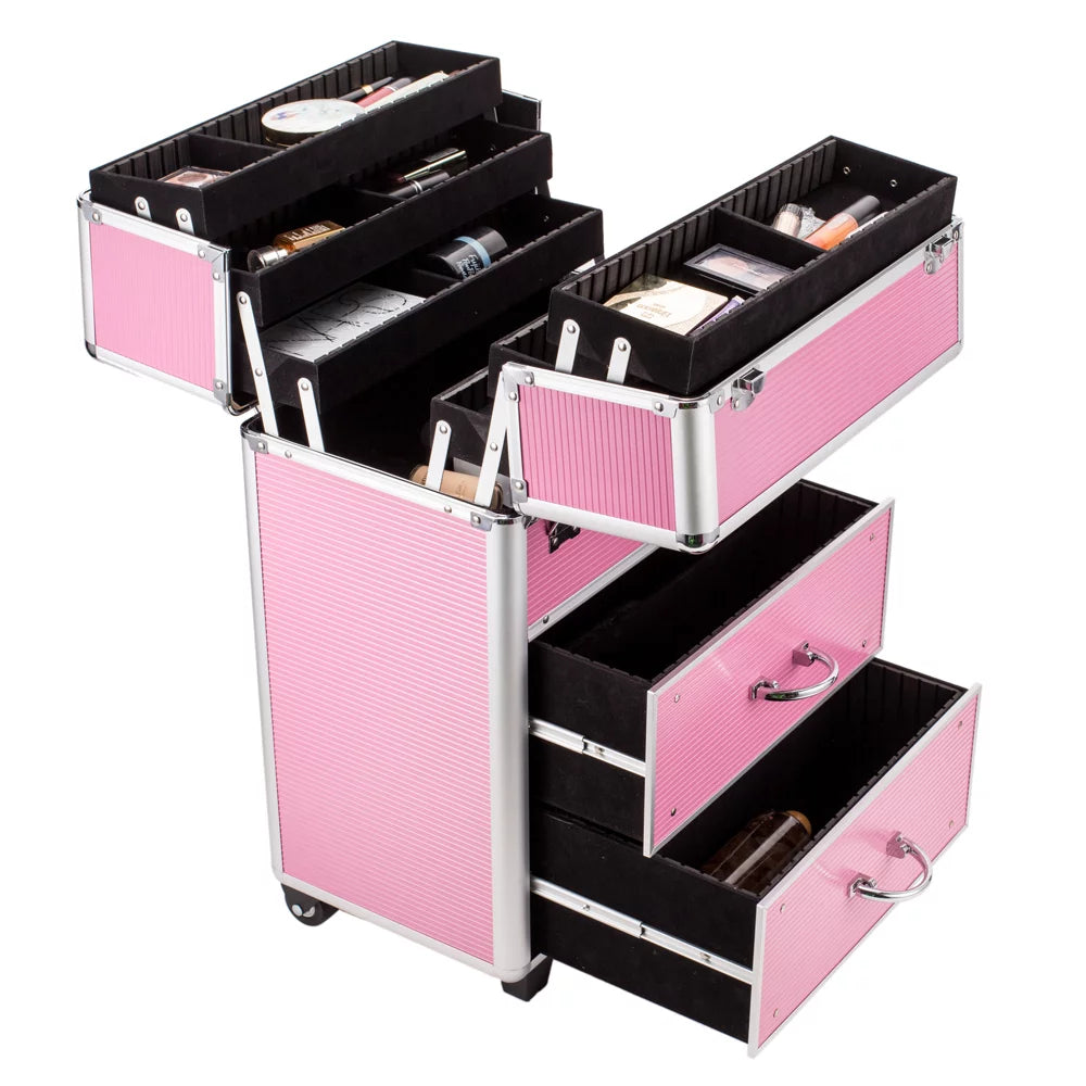 Train Makeup Wheels Tier 4 Rolling with Cosmetic Pink Cosmetic Lockable Cases, Women, Extendable Makeup Rolling for Organizer Trays, Case Cosmetic WRWQ852 Case