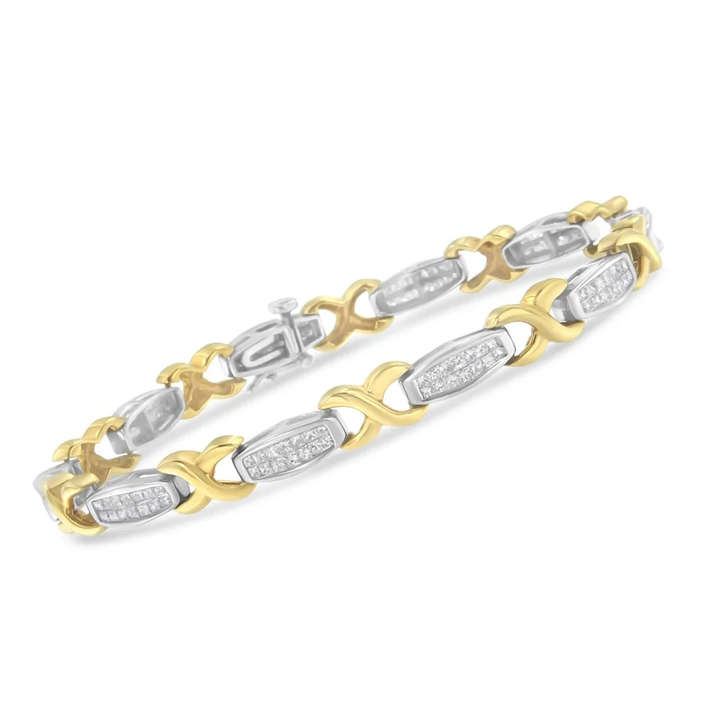 Bracelet Tennis 14K White 2 Yellow Invisible-Set and Gold Carat TDW X-Link Diamond (G-H, SI1-SI2)