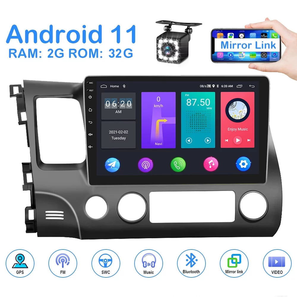 LED FM Bluetooth Civic 10.1'' WIFI Stereo inch Radio Camera MP5 Player for 12 11 Android 1080P 10 HD Car 2006-2011 Podofo USB,with Rearview Car Honda GPS 2+32G Link Mirror