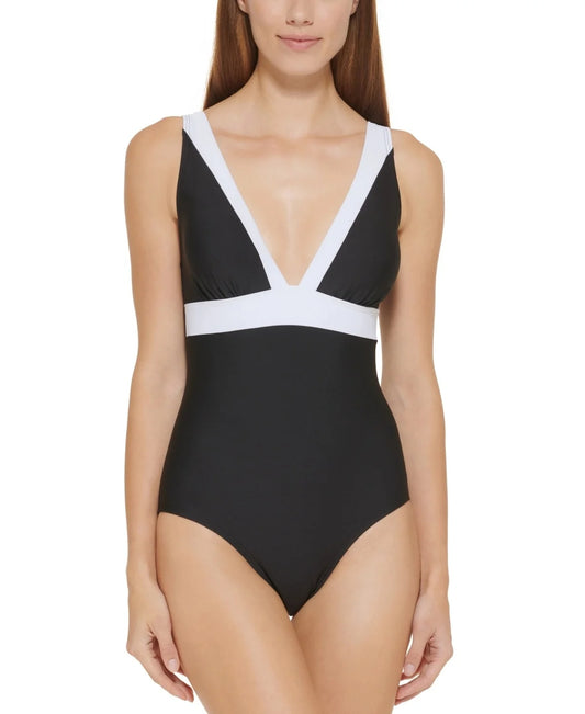 Colorblocked DKNY One-Piece 4 BLACK Swimsuit, Plunging US