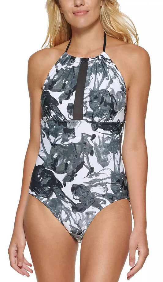 16 Klein MULTI Calvin One-Piece Halter High-Neck Swimsuit, SMOKE INK BLACK US