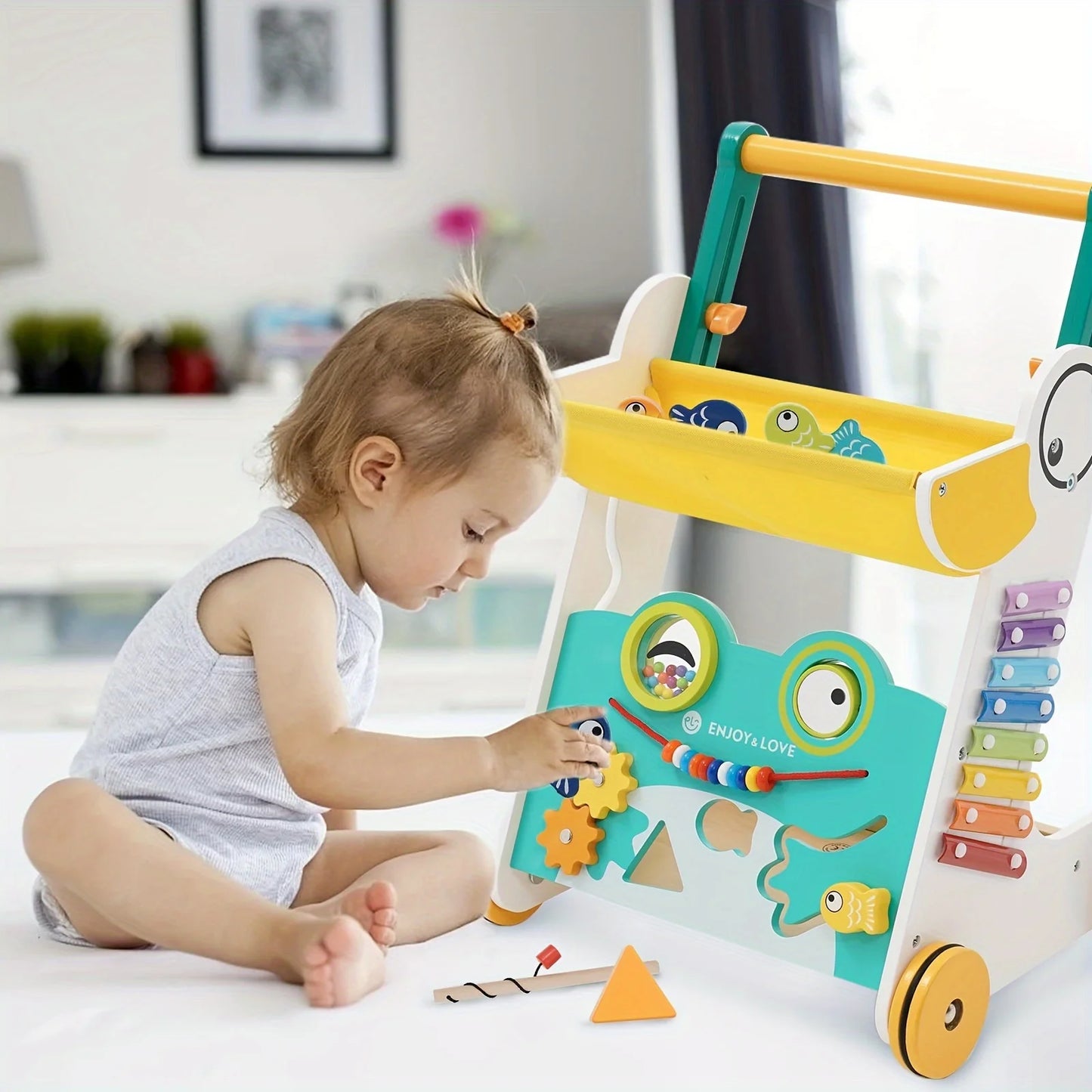 Sorter Sit-to-Stand Toddler Kids Learning Shape Baby for Center Multiple Push Walker Boys Infants Toy Entertainment Activity Wooden Fishing Along with Walker Girls Xylophone Push Trolley Baby