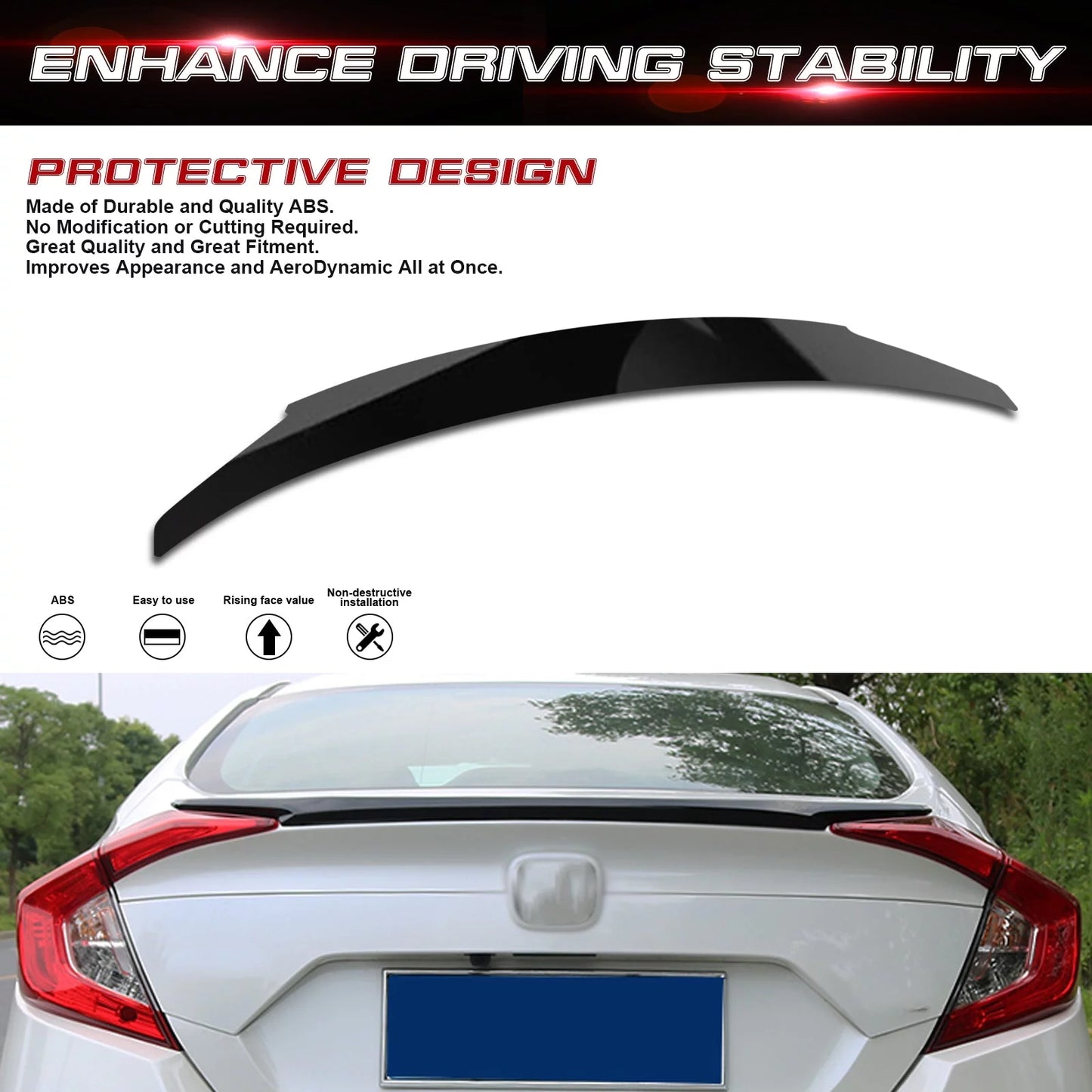 2016-2021 Lip Trunk 4DR Civic 10th Black Compatible Rear Style Tech Spoiler Xotic Honda Gen JDM with Wing Glossy