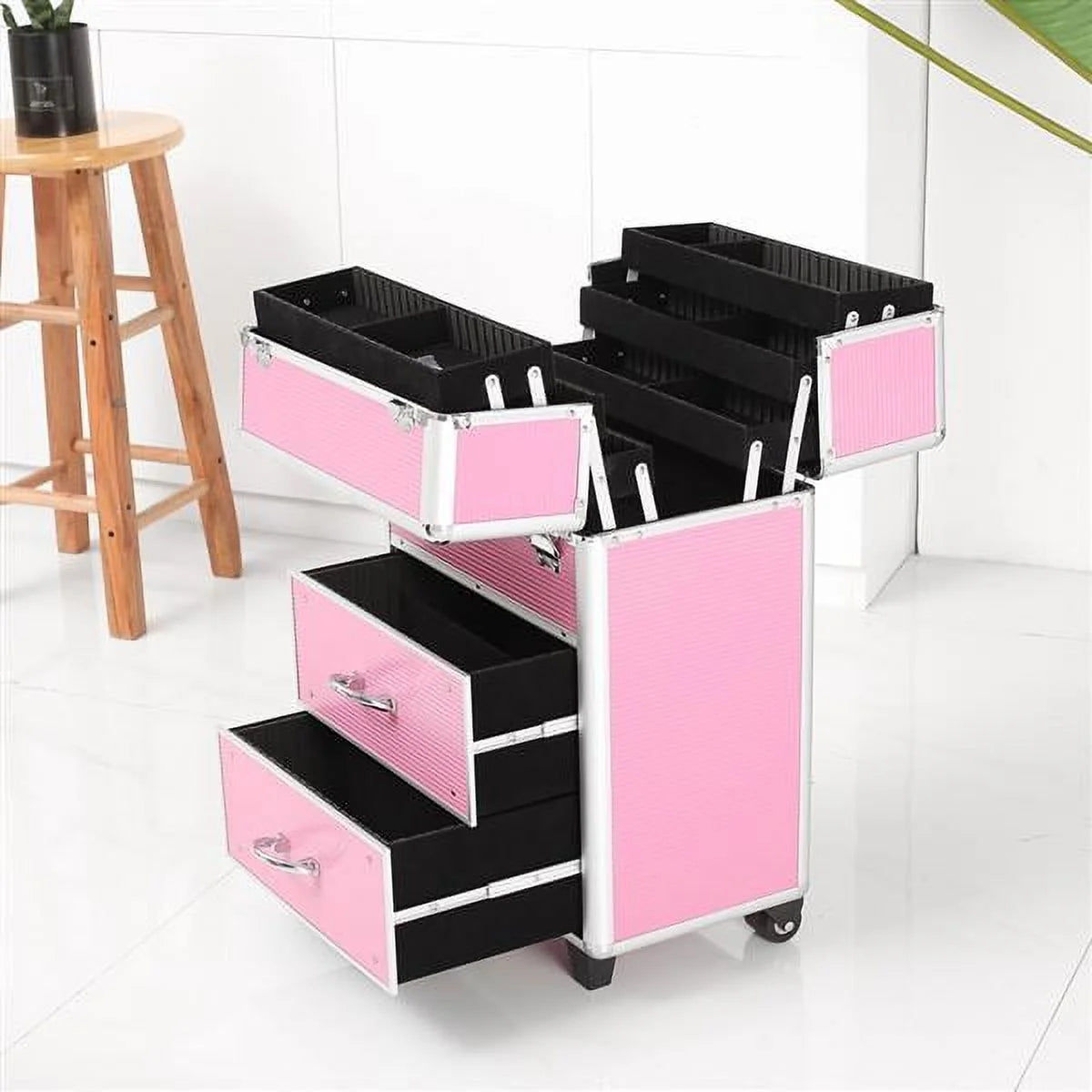 Lockable Tier with Cosmetic Train Case 4 Extendable Pink Trays Miekor Makeup