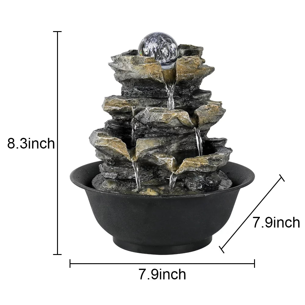 Lights Water Rock Falls 4-Tier Tabletop 8.3-inch and with Fountain Home Office Cascading Decor for LED High