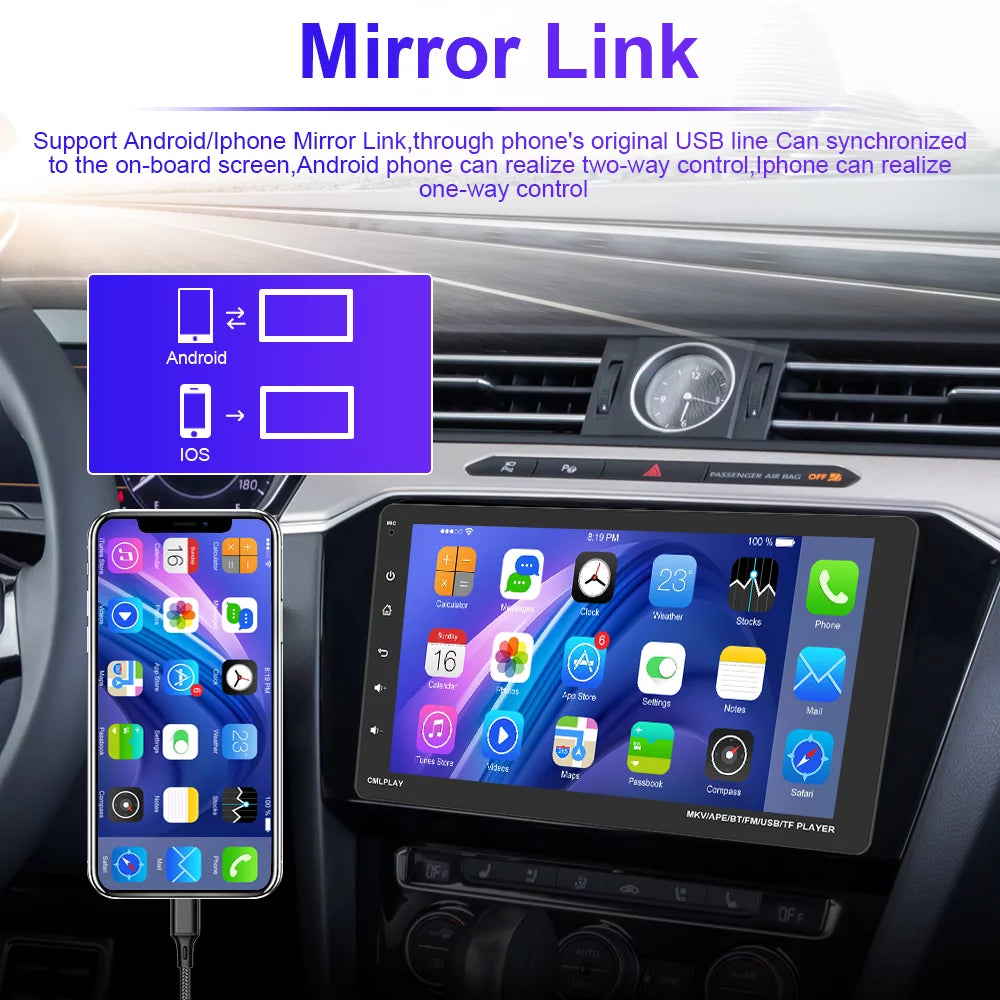 Screen USB Radio Din Android 9'' Receiver,Backup Link Car 1 Player Apple Stereo Single Multimedia Car MP5 Audio Auto Included Touch Podofo Camera Bluetooth FM Carplay Mirror HD with