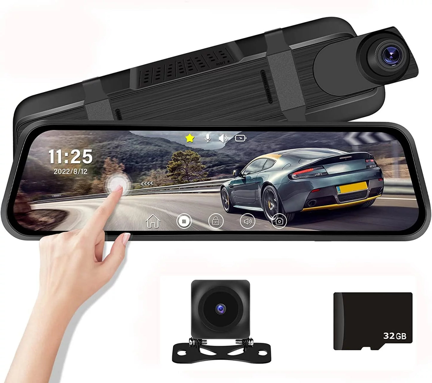 Card 32GB Vehicles Parking Night Cameras View Mirror Car 9.66" and Monitoring,with Podofo Dash Vision Front Screen for Cam Touch Rear Dual