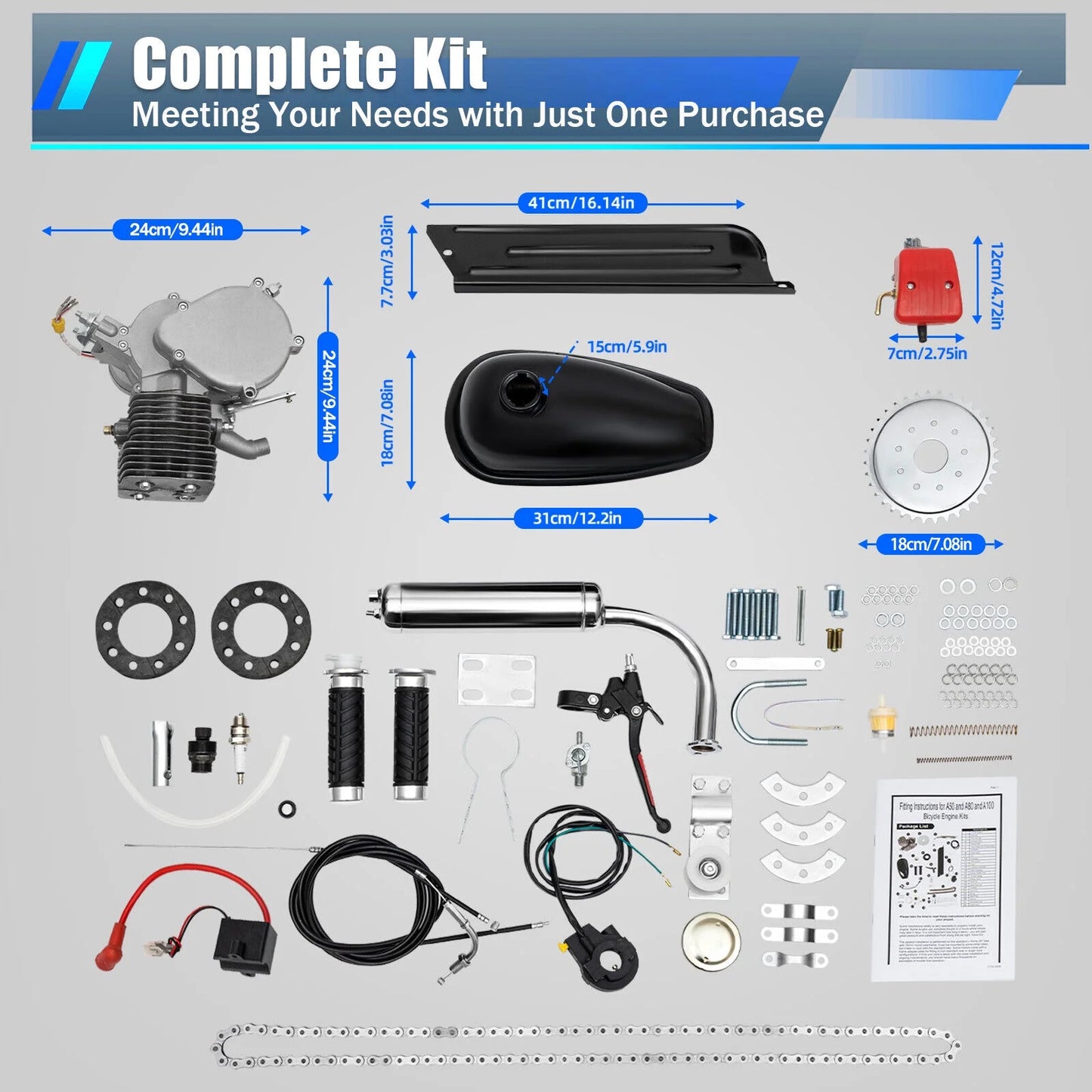 100CC Bicycle Sprocket) Full (44 Kit Petrol Bike Tooth Set DIY Engine Motor Gas Bike Kit Upgrade Motor Kit 2-Stroke Bicycle Engine Motorized Conversion