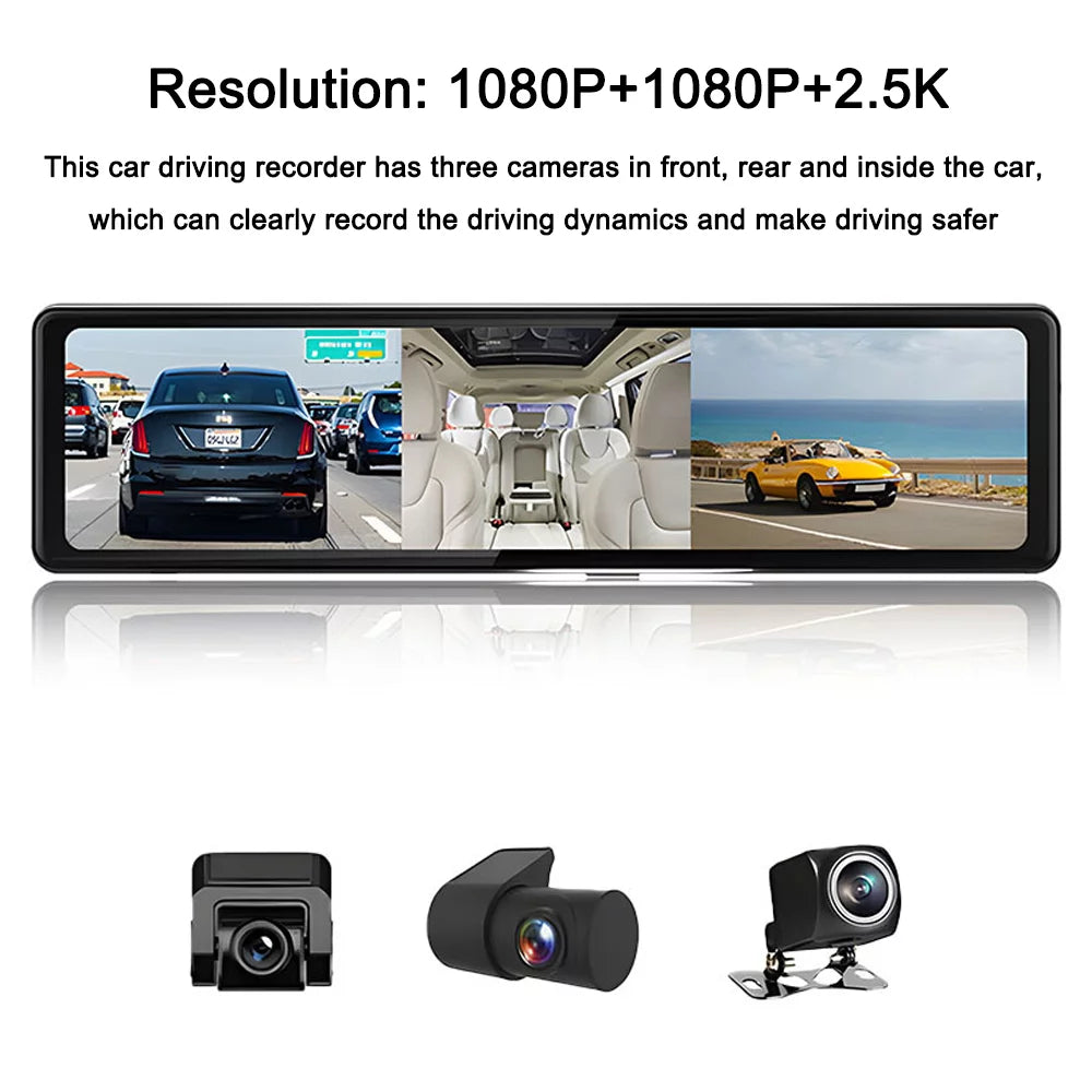 Touchscreen, BT Clear 2.5K Auto Recording - Cam: Moment on Capture - 12in Rearview Driving Dash the Mirror Video 3 Recorder Connectivity, Road Every Cameras,