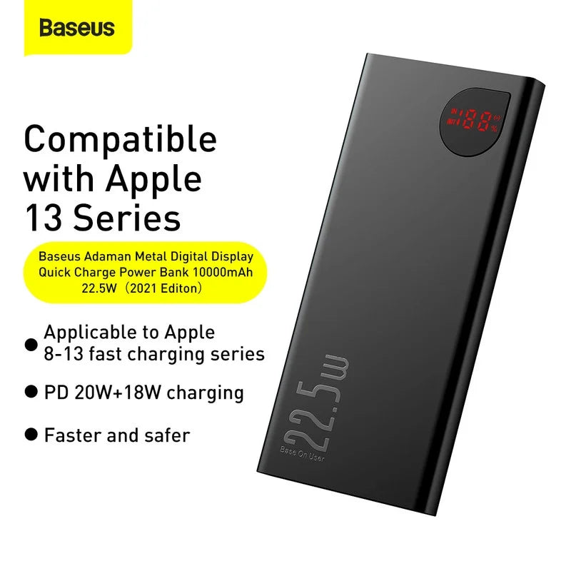 Baseus USB with Dual Pack Power Charging Fast Ports, 22.5W Battery 10000mAh Bank Black Charger Portable