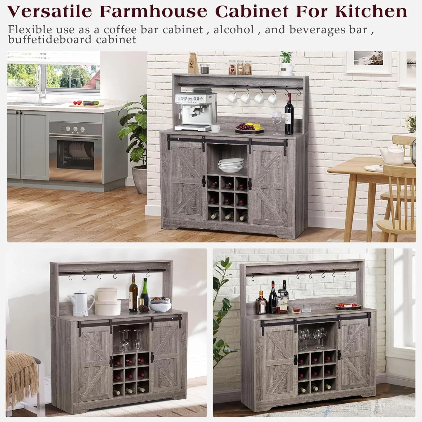 Buffet Bar Kitchen with Coffee Hooks Storage,Liquor Dining Sideboard Rack and Room(Gray) Urban Deco for 6 with Bar Cabinet