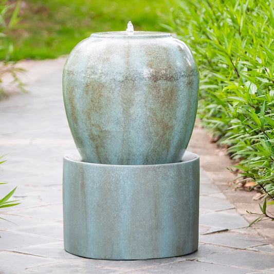 Urn Home Design Feature Patio Unique Cement Heavy CoSoTower Blue, Water for Cute Garden, Outdoor 19.5X19.5X32.5" Antique Lawn, Deck Fountain &