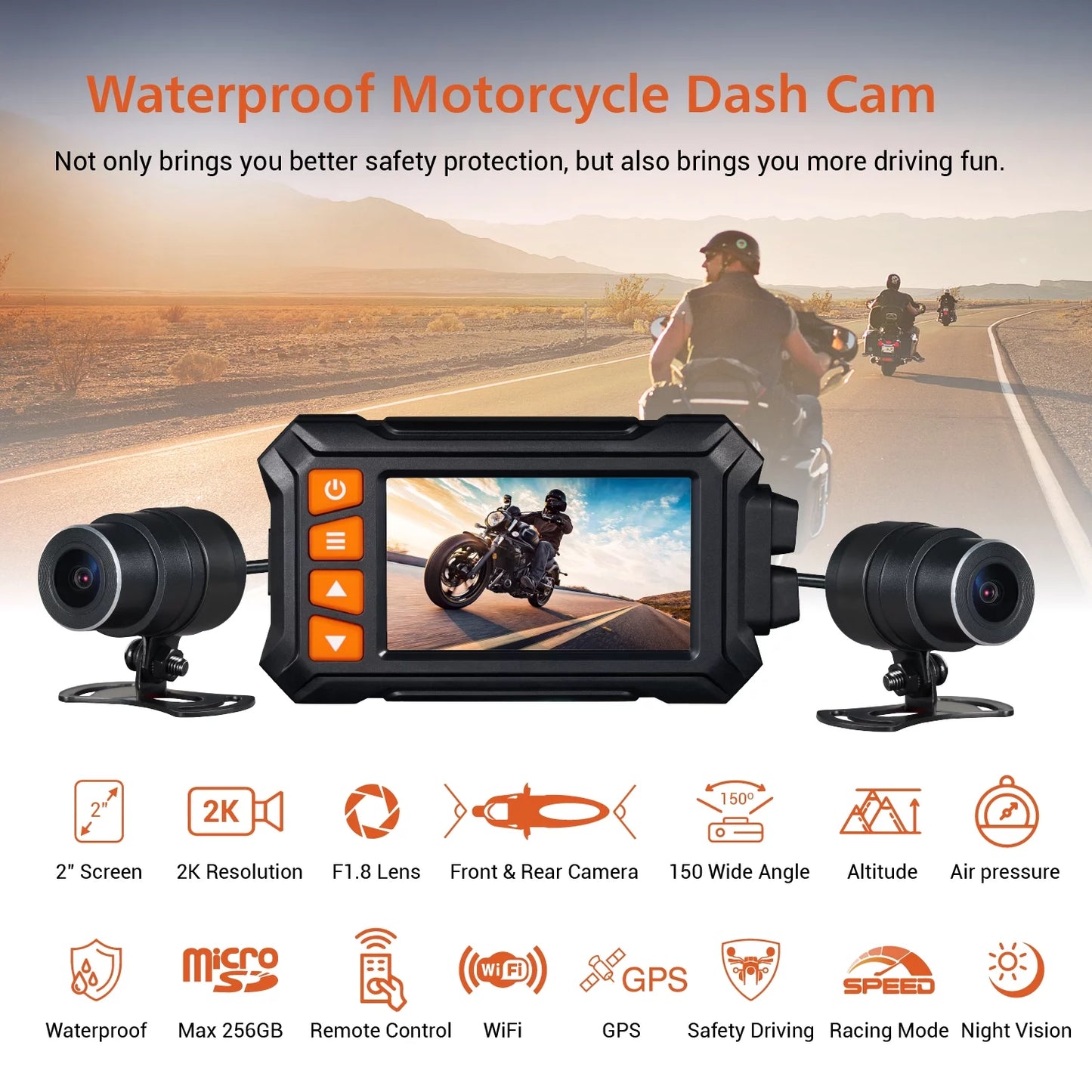 Waterproof Motorcycle ZOMFOM up 30fps/1080P MD30 Camera, and Remote, Wired Dash GPS, Mode, with Race 2K Max Cam Front LCD and Dual to Rear All EIS Wi-Fi, 256GB Angle 60fps 150° 3'' Wide