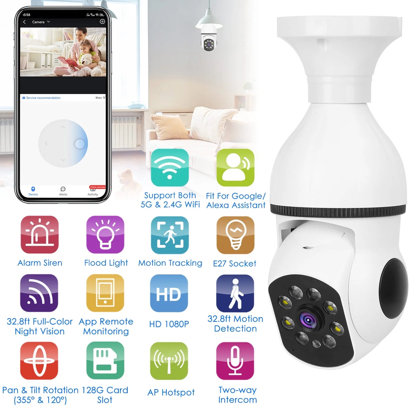 Camera Degree Vision Alarm Audio Surveillance WiFi E27 Wireless Bulb Control Camera APP 360 Electric Security Tracking Panoramic 1080P Motion Night iMounTEK Two-Way FHD