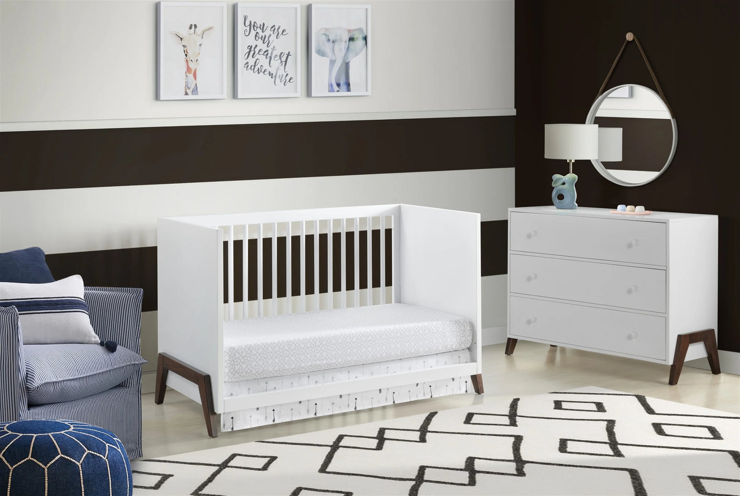 3-in-1 Crib Convertible Baby Modern Wooden Mari White & Island Oxford Crib, Walnut,