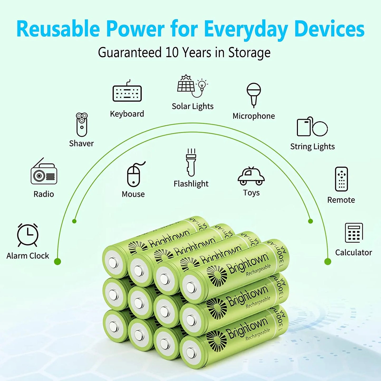 Solar Cycles Double and up A Charged Household to Battery AA, for Pre 1200 Recharge Rechargeable Pack NiMH 12 Devices, Brightown Battery Lights