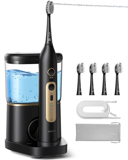 Toothbrush Braces Life, Gums, Cordless 2 Electric & 1 - with Waterproof and IPX7 for Flosser AGPTEK Levels Combo, Water Flosser 5 Teeth, in Sonic Toothbrush Days 500ML, 14 Water Battery