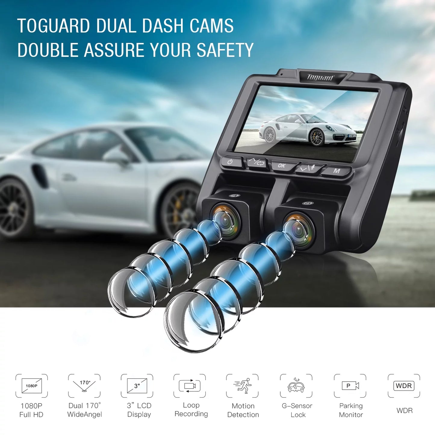 Camera Inside Dash Dash Cam Car Screen Parking LCD IR and 1080P with Vision Loop Front Recording Night G-Sensor, Monitor, 3" Camera TOGUARD Dual