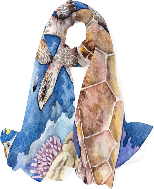 Scarves Women Scarf Neck Fish Hyjoy Reef Shawl Coral for Lightweight Silk Turtle Watercolor Wrap Long Girls