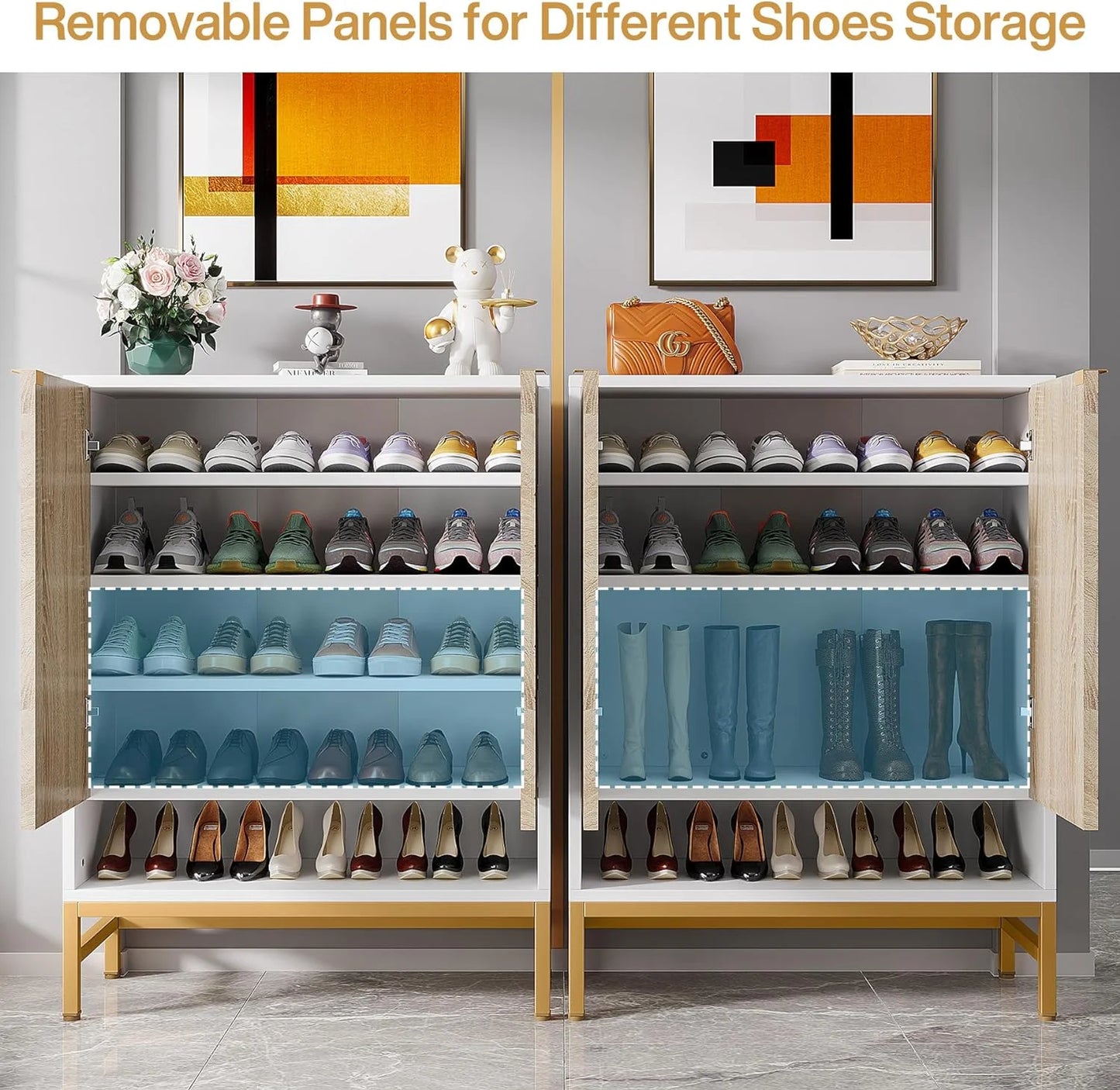 Cabinet Shoe Gold Storage 5 Adjustable & Doors, with Shoe Tribesigns Cabinet Tier Shelves, & Entryway Wood Grain with White