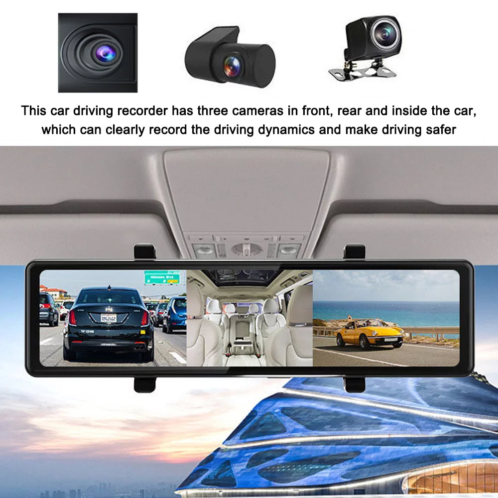 Touchscreen, BT Clear 2.5K Auto Recording - Cam: Moment on Capture - 12in Rearview Driving Dash the Mirror Video 3 Recorder Connectivity, Road Every Cameras,