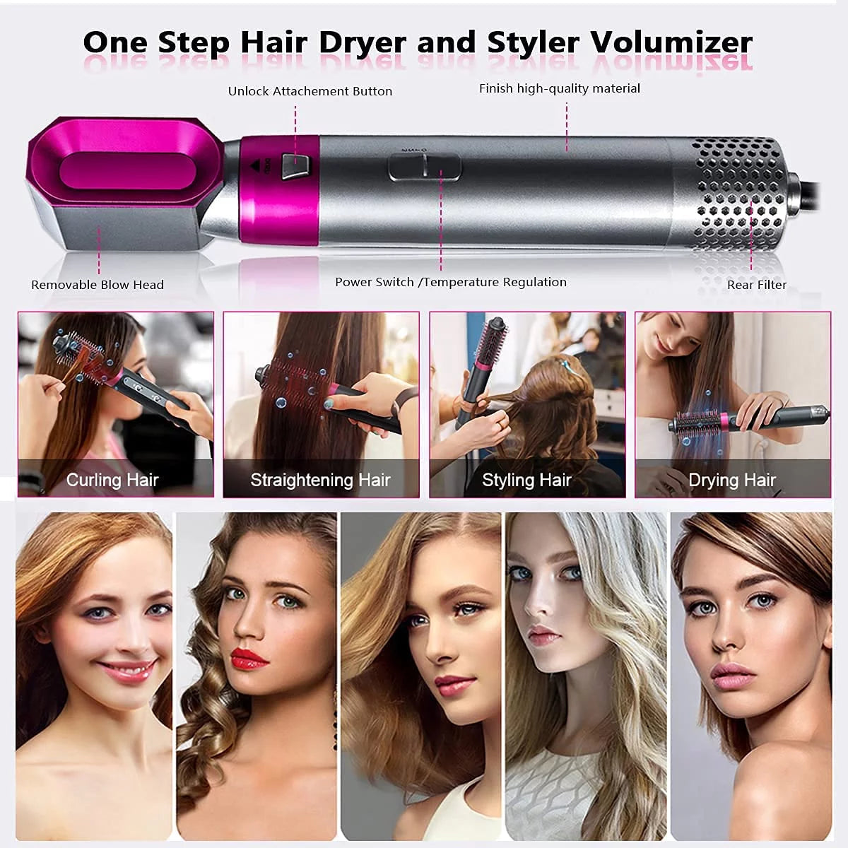 with Hair Brush and Dryer Ionic Color: Hair Brush for 5-in-1 Brush - Negative Dryer Blow Automatic Heads - Straightening GreyRed Curling Detachable Electric Styler Styling,