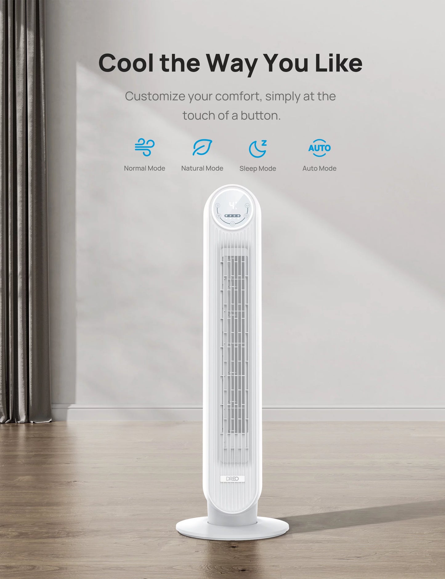 Control, 4 Speeds, Fan, Oscillating, Remote, with Voice Smart Dreo Tower 4 Modes, Fan Quiet Timer，white 90° 8H WiFi