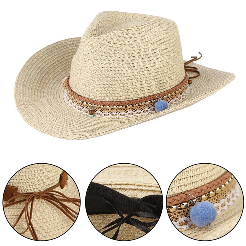 Straw Packable Big Western Hat Style Beige Women Sun Brim Trilby Cowboy Floppy