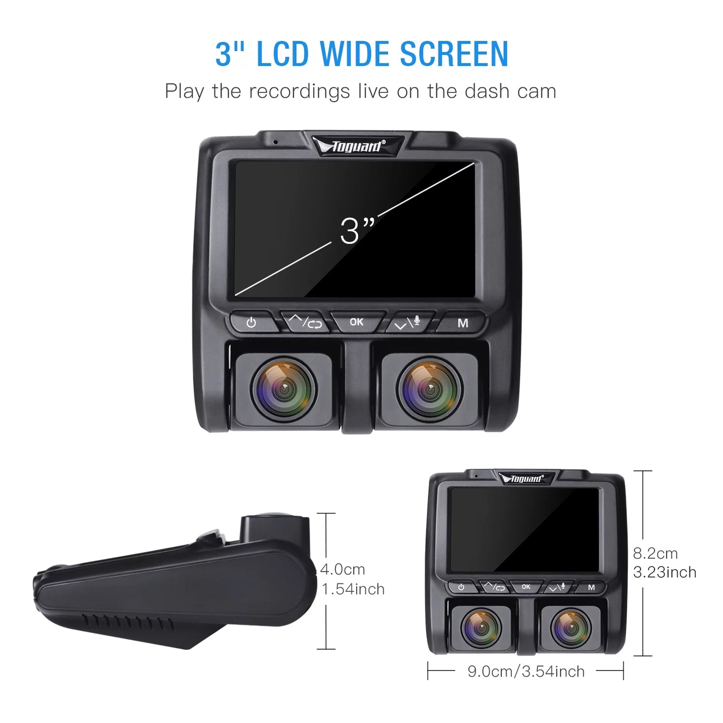 Camera Inside Dash Dash Cam Car Screen Parking LCD IR and 1080P with Vision Loop Front Recording Night G-Sensor, Monitor, 3" Camera TOGUARD Dual