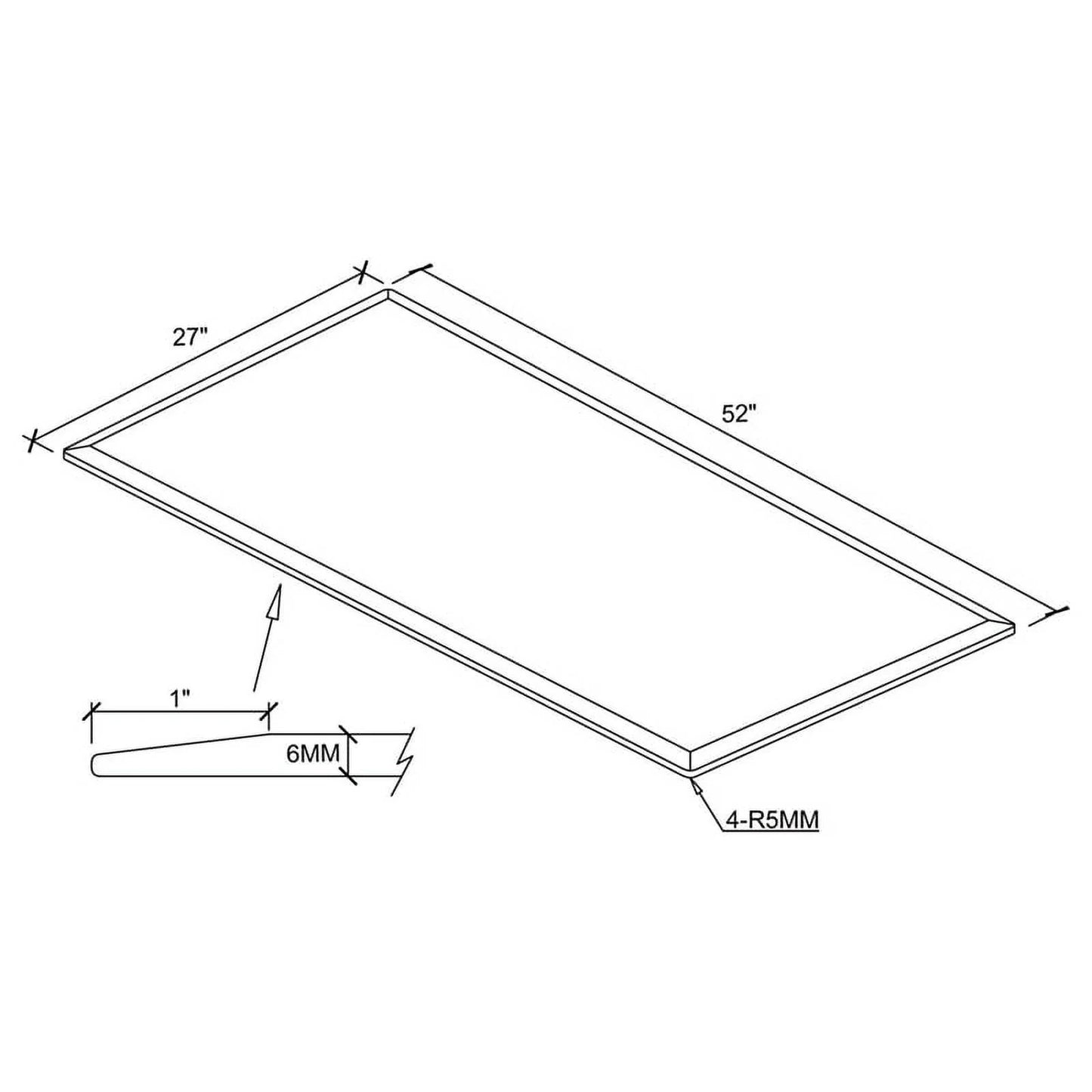 52x27" Top 6mm Clear Rectangular Glass