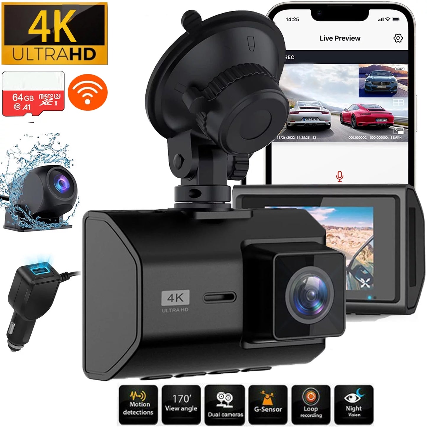 Dual SD Vision, 2 Wide Card, SD Rear Included Loop 64GB Parking Cars, with Cam Inch WIFI, Mode, Night Dash Card 4K Angle, Dash GPS and Dash Cam Camera with Front Recording, for